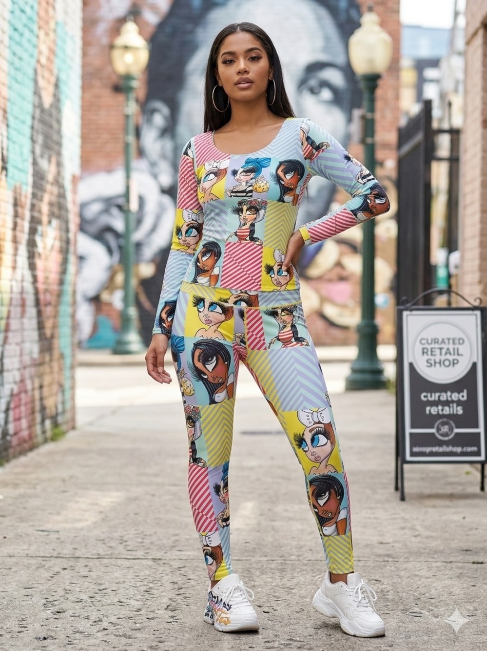 Sandoner 2018 Colorblock Cartoon Print Jumpsuit - Multicolor